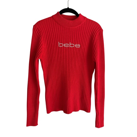 bebe Sweaters - Bebe Red Ribbed Mock Neck Sweater Faux Pearl Logo Long Sleeve Top Large